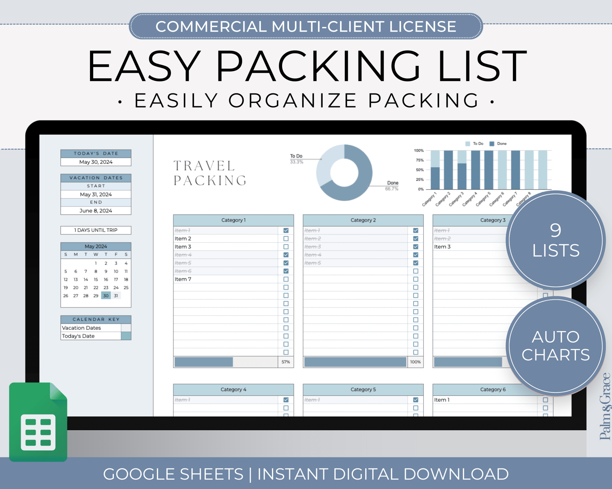 Packing List Template for Google Sheets (Commercial Multi - Client License) - Palm &amp; Grace