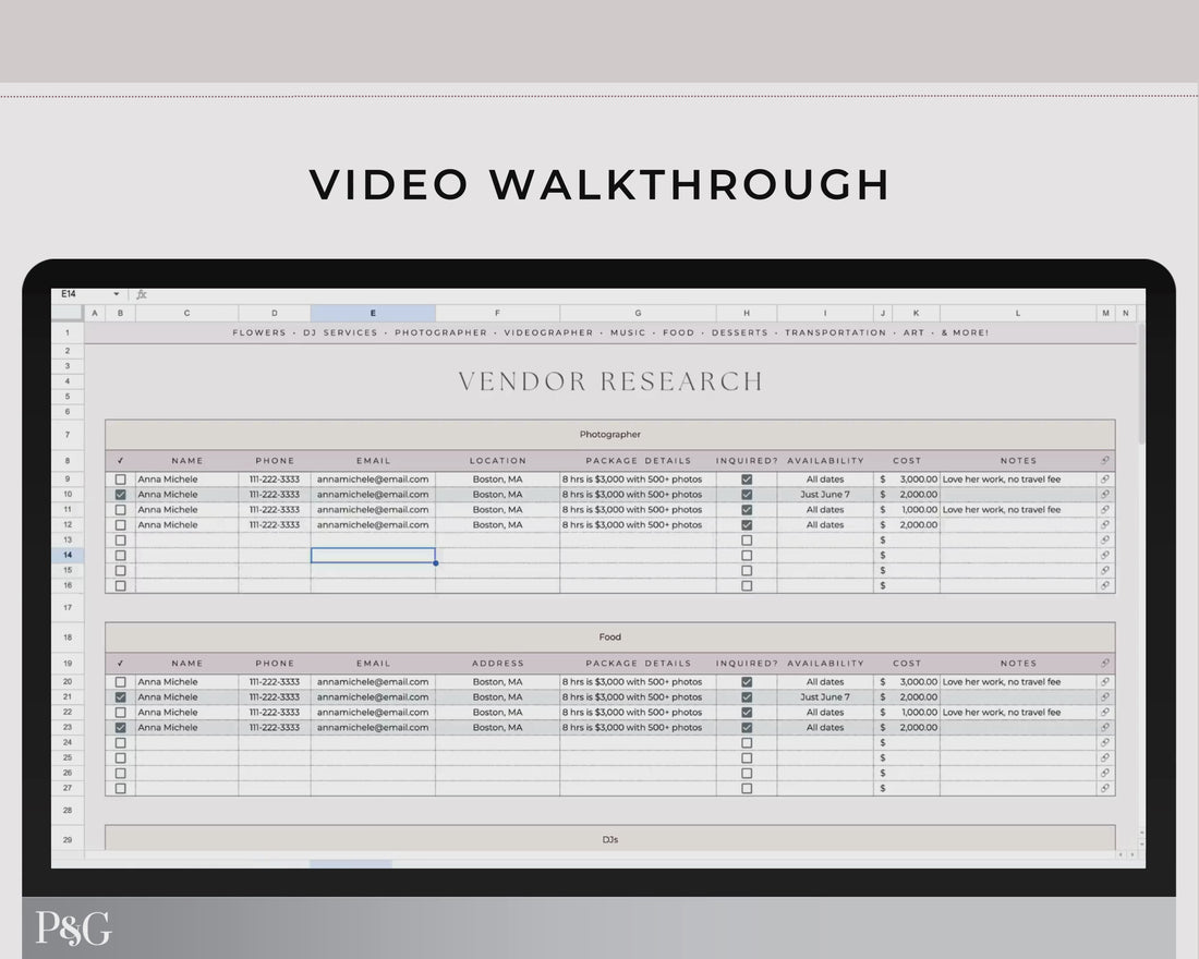 Wedding Venue and Vendor Comparison Spreadsheet for Google Sheets