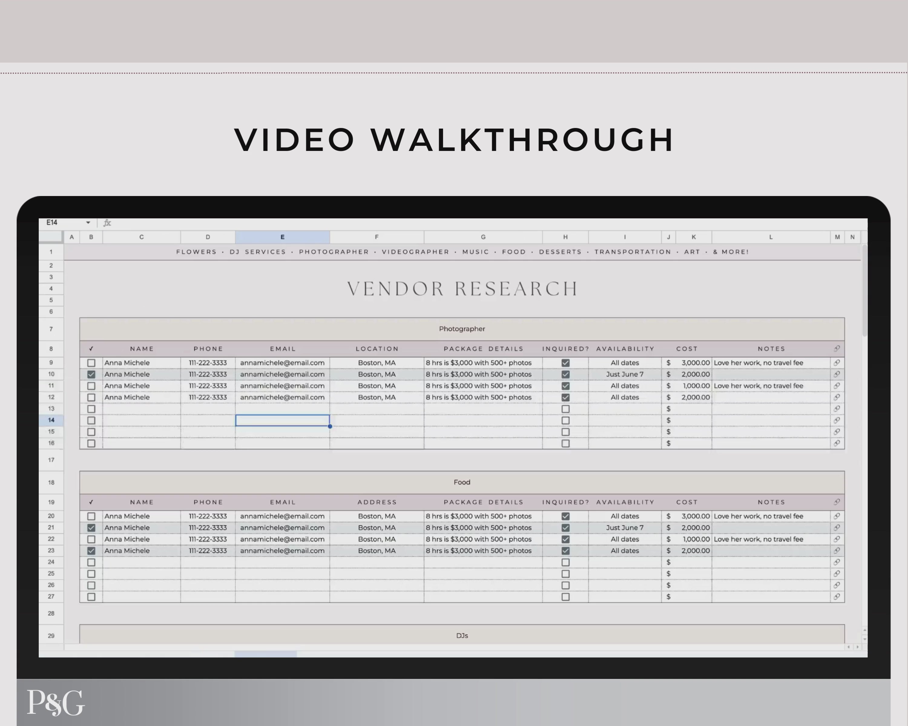 Wedding Venue and Vendor Comparison Spreadsheet for Google Sheets