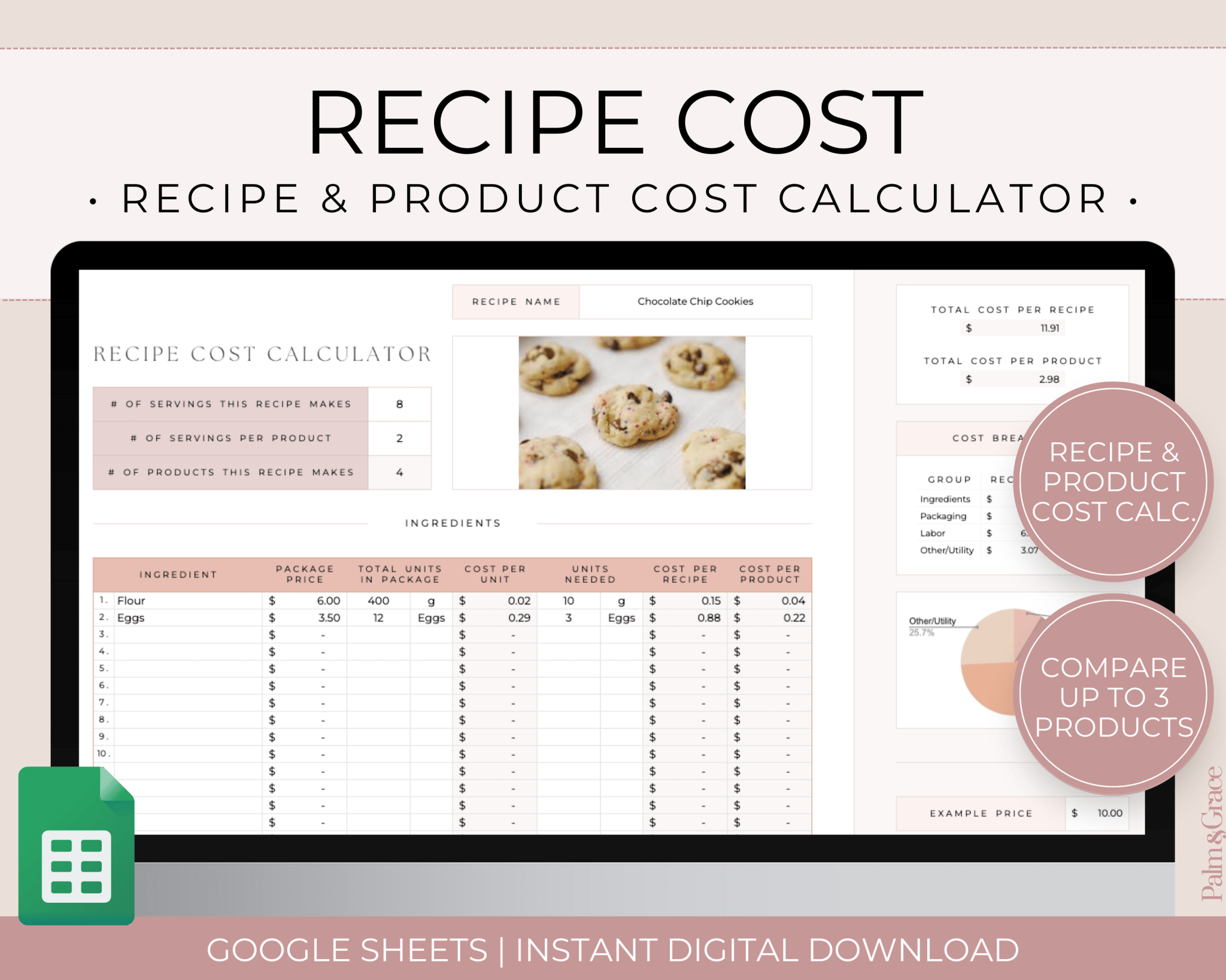 Recipe Cost Calculator Spreadsheet for Google Sheets - Palm &amp; Grace 