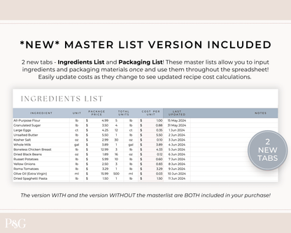 Recipe Cost Calculator Spreadsheet for Google Sheets - Palm &amp; Grace 