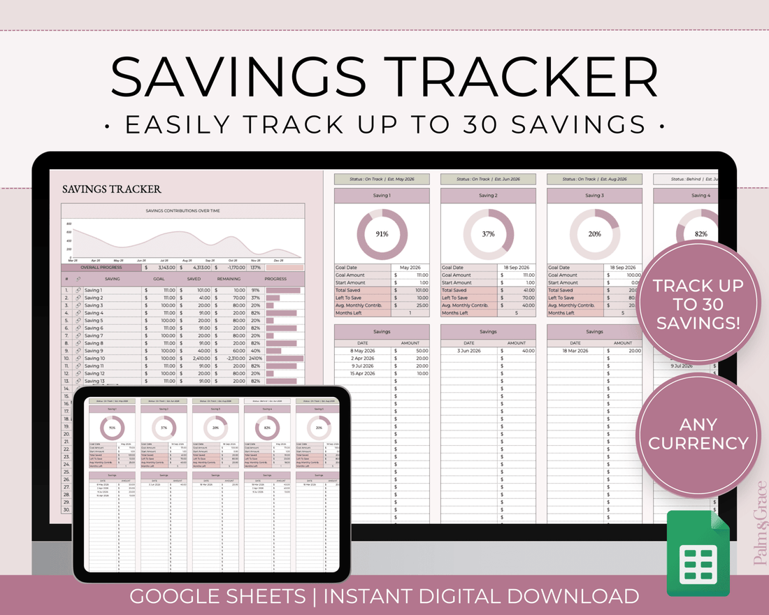 Savings Tracker Google Sheets Spreadsheet Template - Palm &amp; Grace