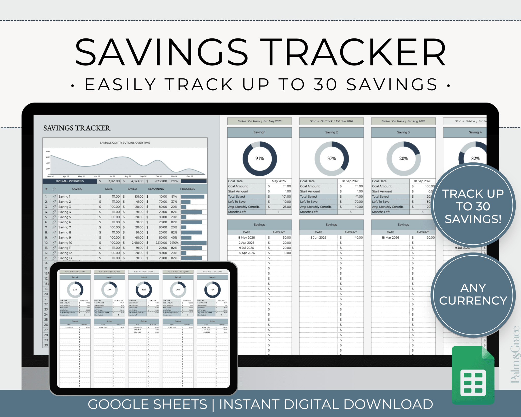 Savings Tracker Google Sheets Spreadsheet Template - Palm &amp; Grace