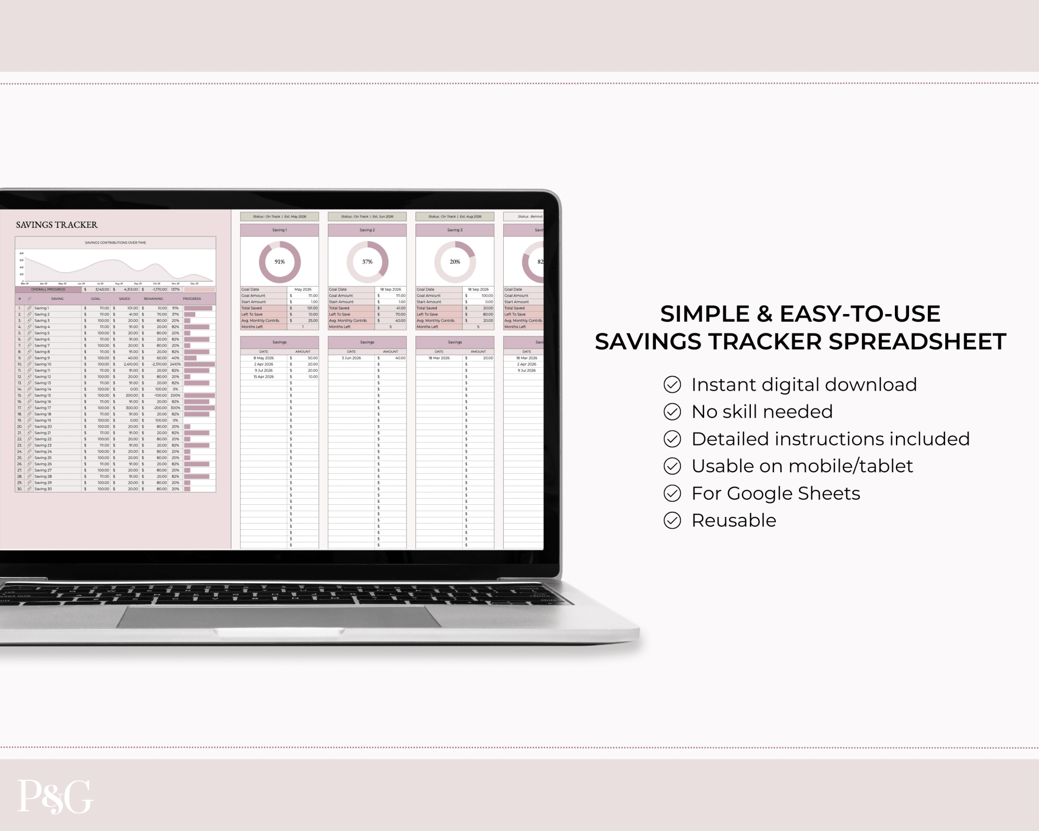 Savings Tracker Google Sheets Spreadsheet Template - Palm &amp; Grace