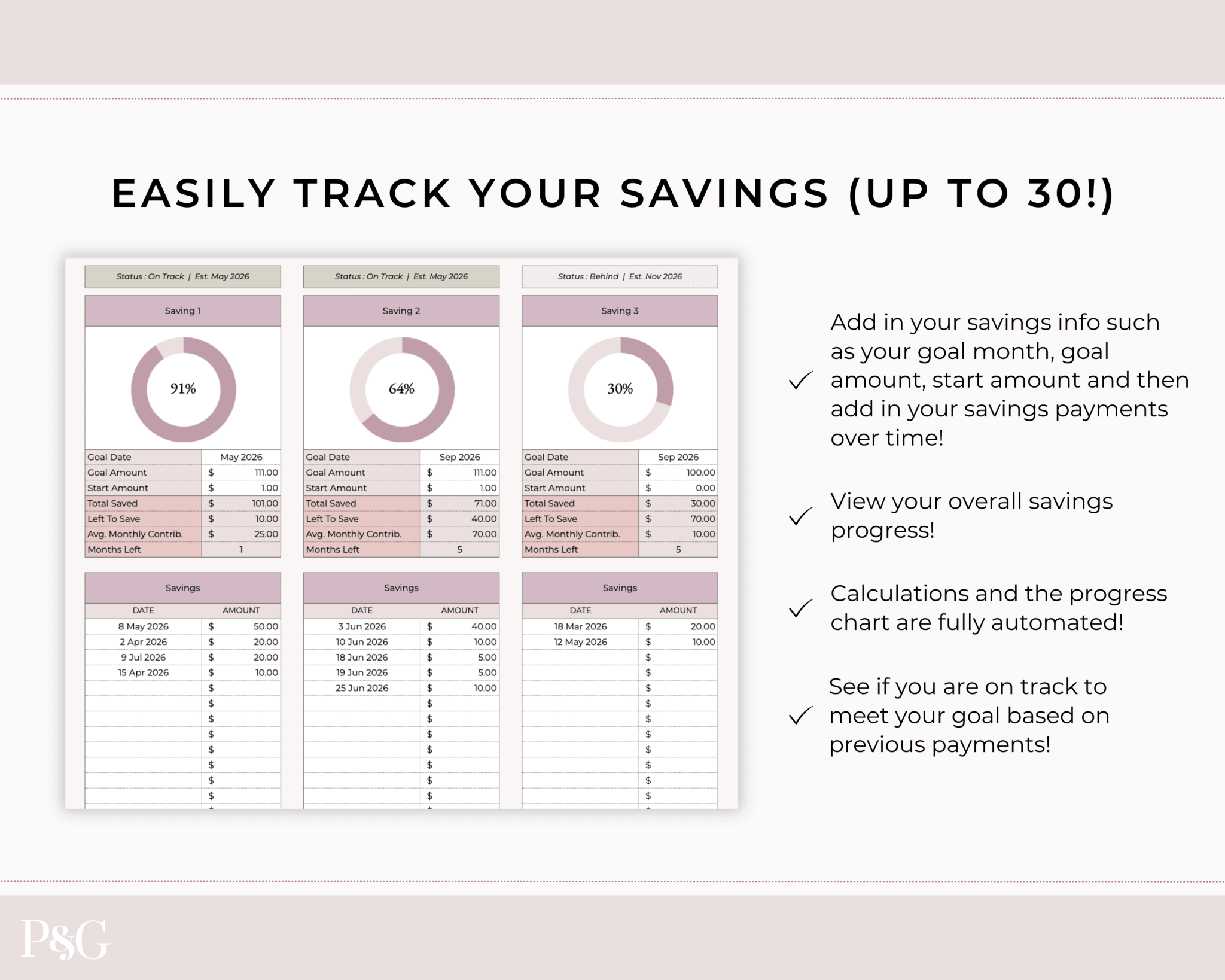 Savings Tracker Google Sheets Spreadsheet Template - Palm &amp; Grace