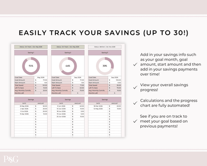 Savings Tracker Google Sheets Spreadsheet Template - Palm &amp; Grace