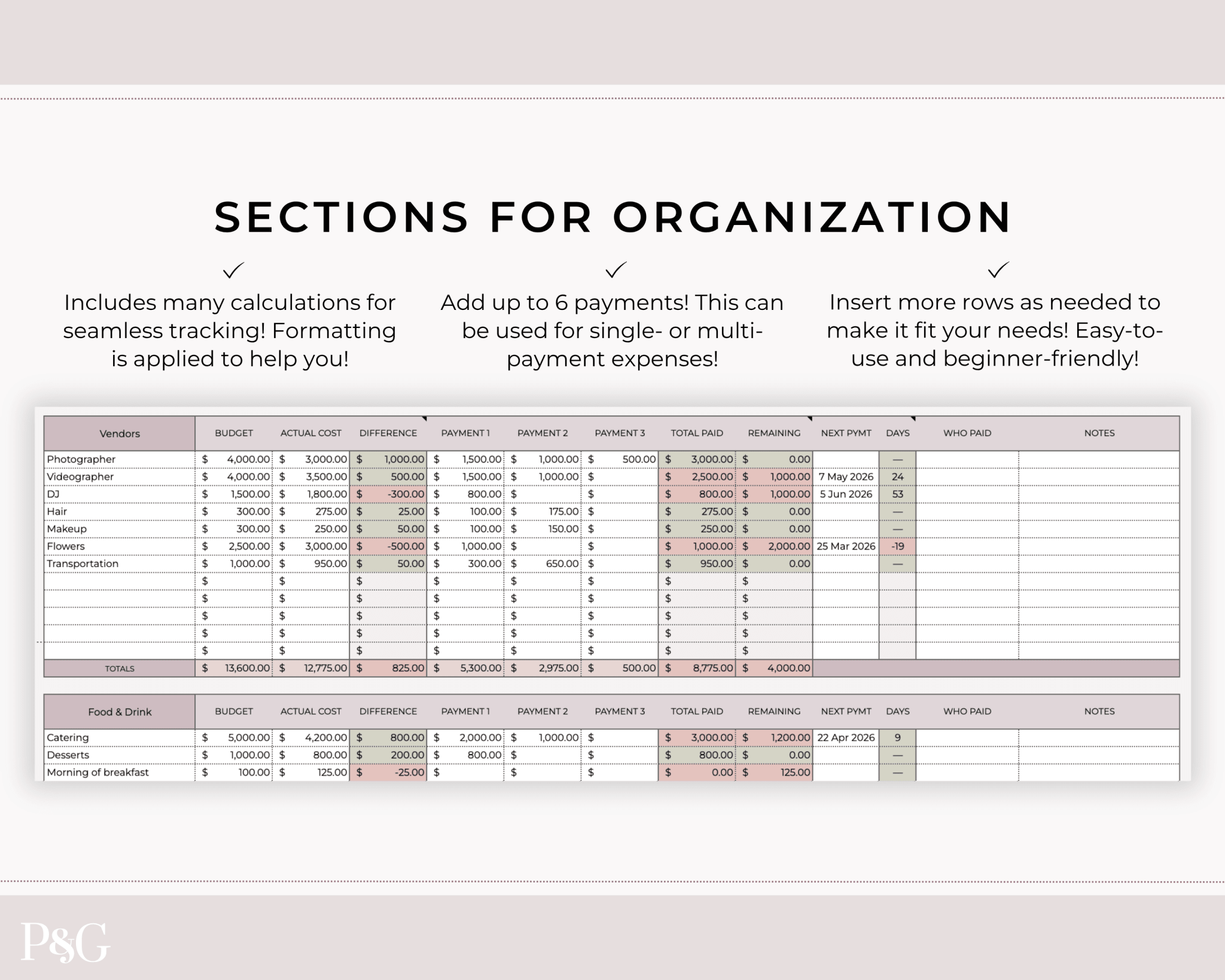 Simple Wedding Budget Spreadsheet for Google Sheets - Palm &amp; Grace