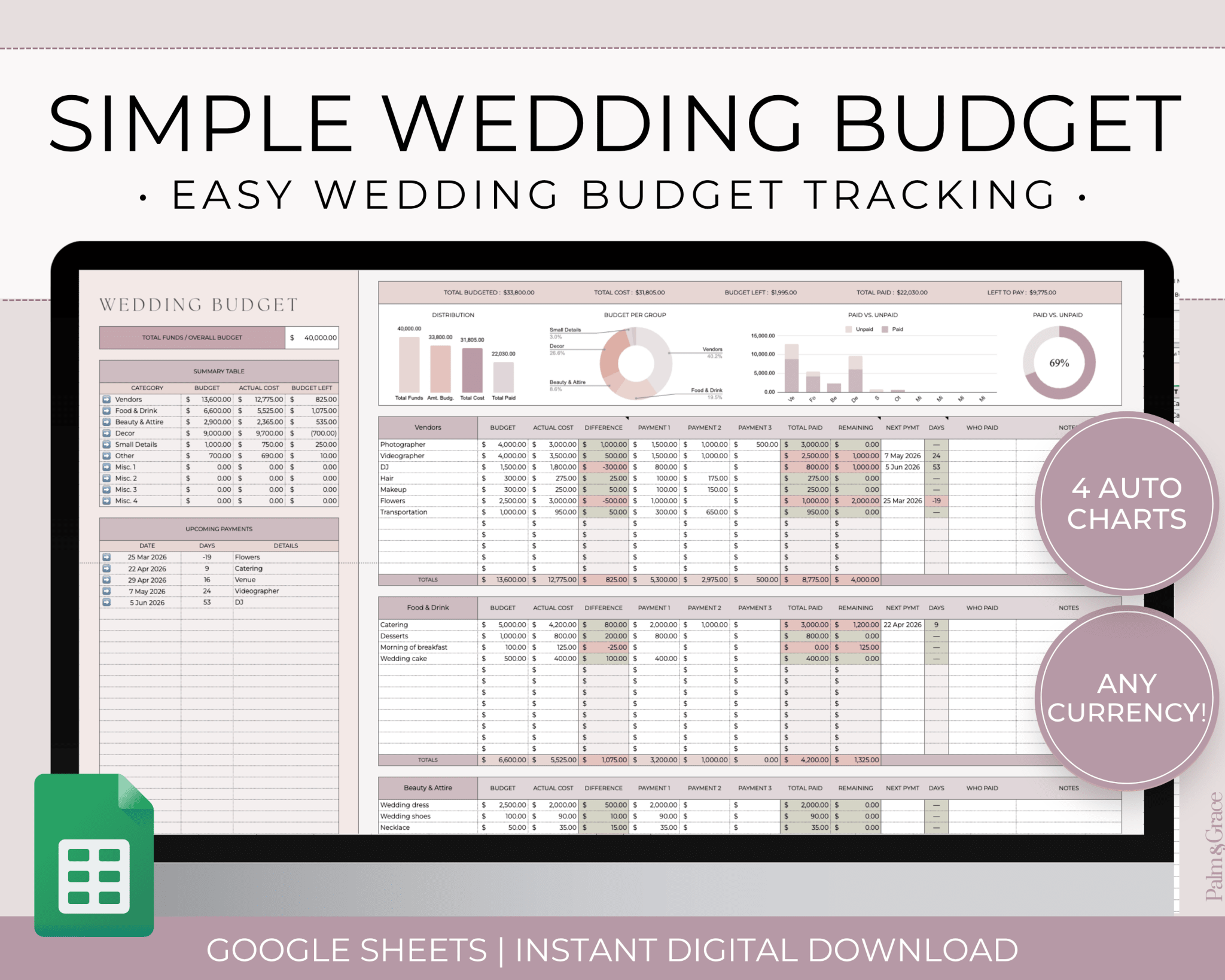 Simple Wedding Budget Spreadsheet for Google Sheets - Palm &amp; Grace