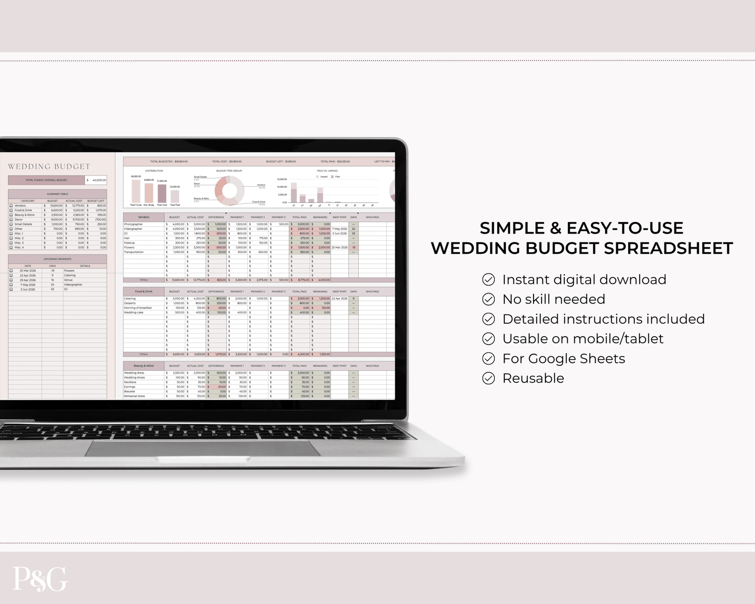 Simple Wedding Budget Spreadsheet for Google Sheets - Palm &amp; Grace