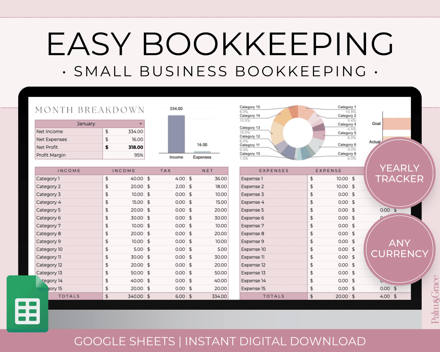 Small Business Bookkeeping Spreadsheet Template For Google Sheets - Palm &amp; Grace 
