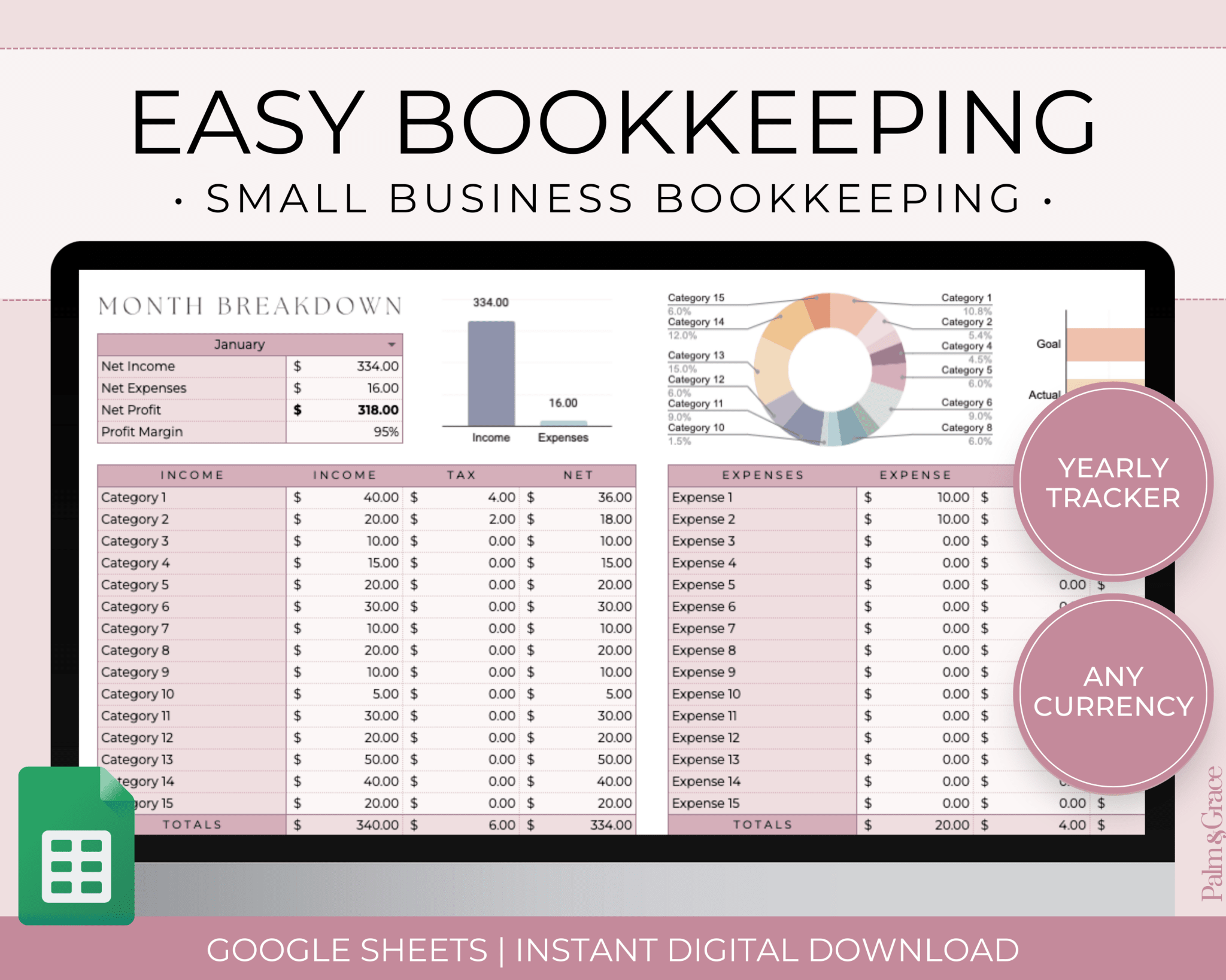 Small Business Bookkeeping Spreadsheet Template For Google Sheets - Palm &amp; Grace 