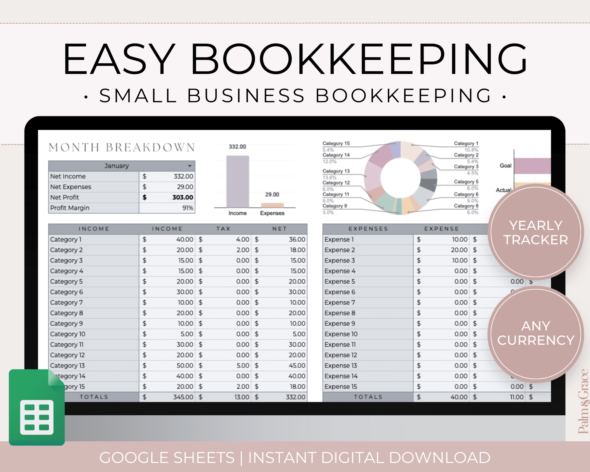 Small Business Bookkeeping Spreadsheet Template For Google Sheets - Palm &amp; Grace 