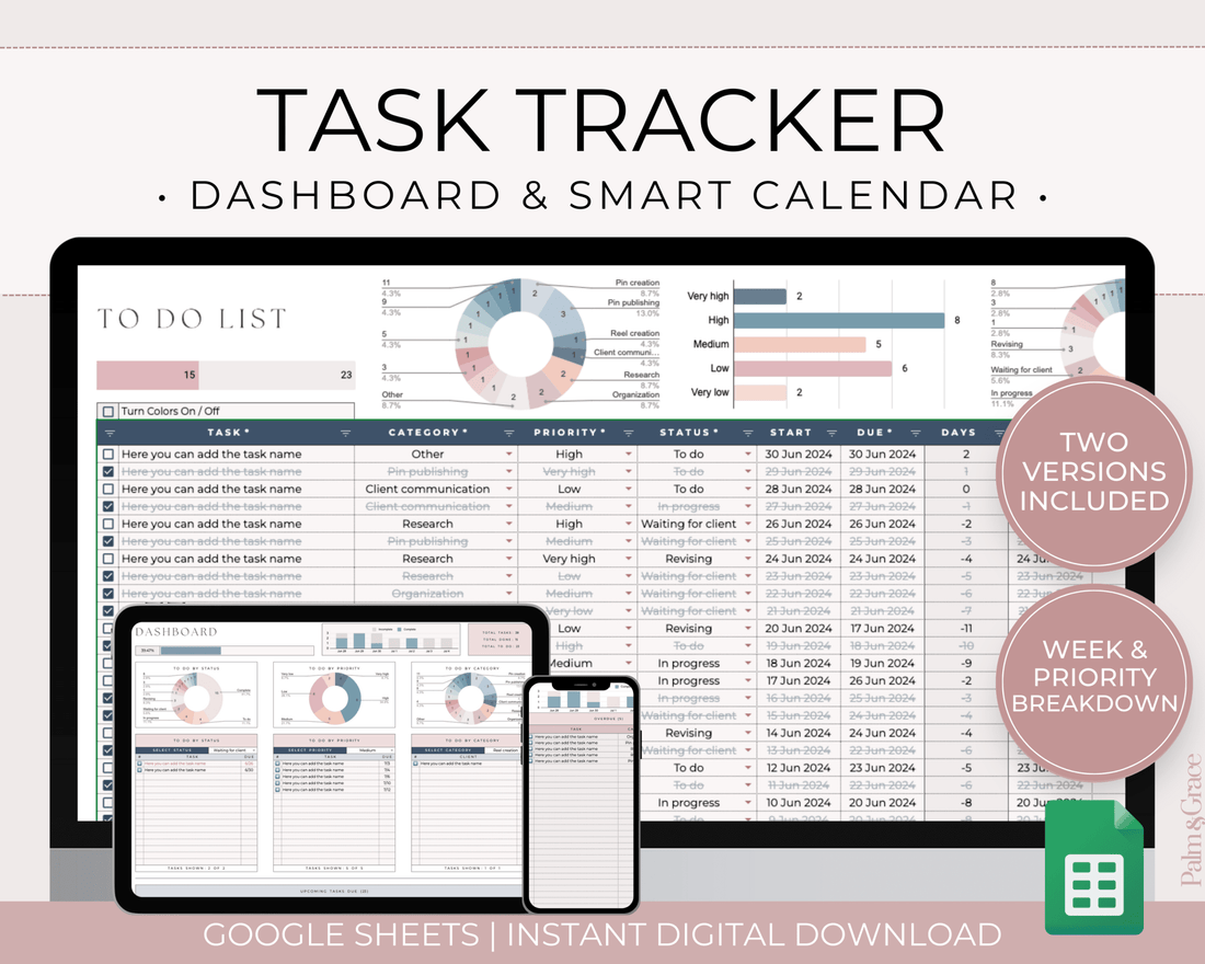 Task Tracker Spreadsheet for Google Sheets - Palm &amp; Grace
