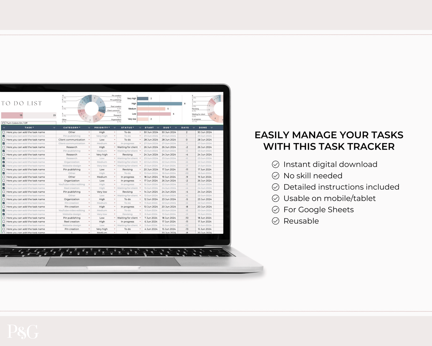 Task Tracker Spreadsheet for Google Sheets - Palm &amp; Grace