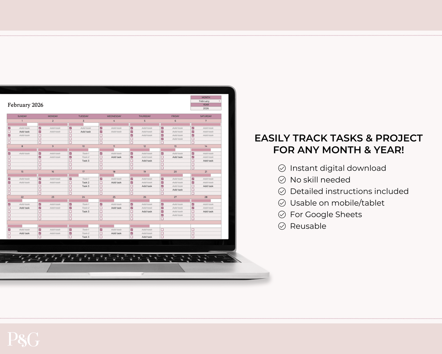 To - Do List Calendar Spreadsheet for Google Sheets - Palm &amp; Grace