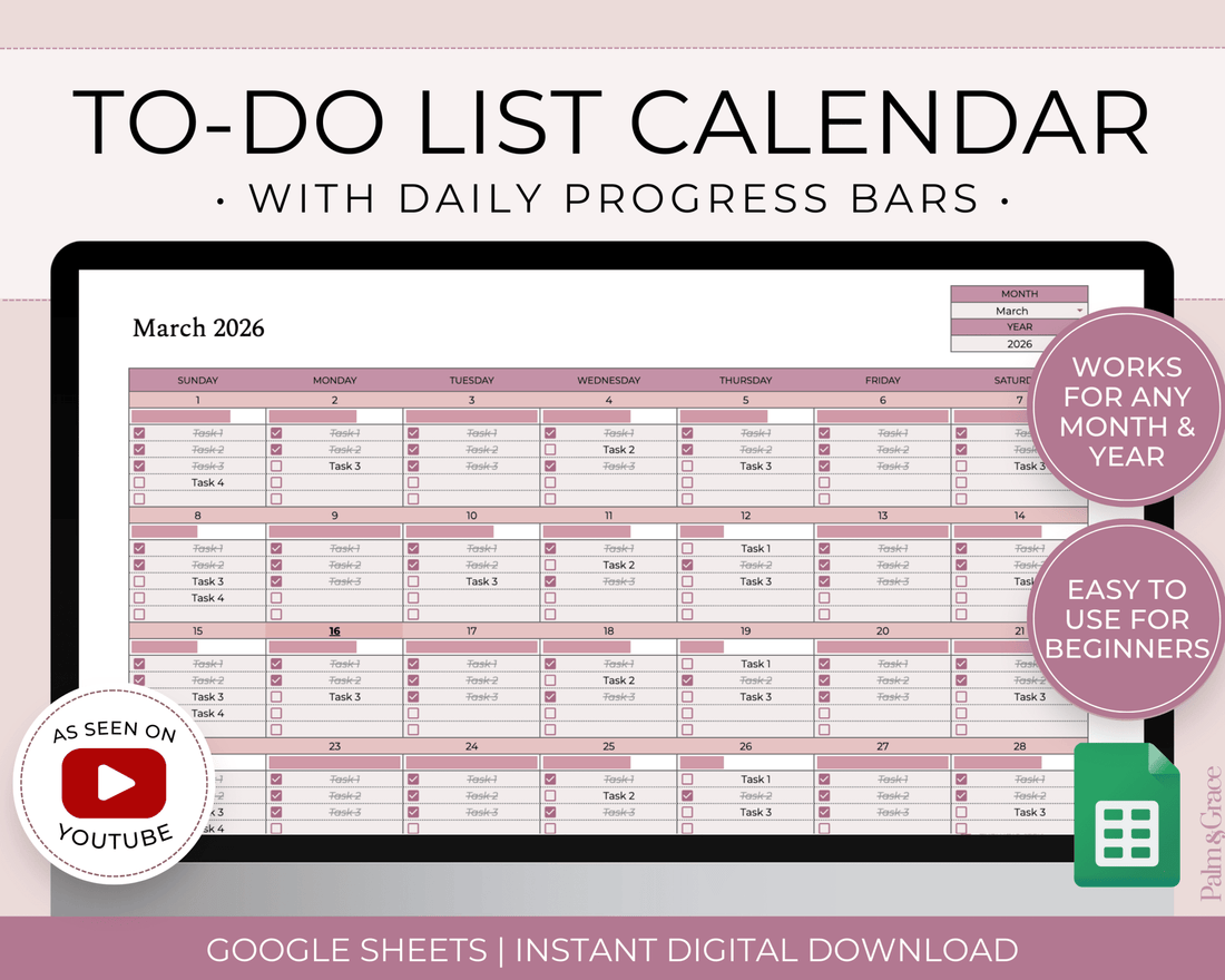 To - Do List Calendar Spreadsheet for Google Sheets - Palm &amp; Grace