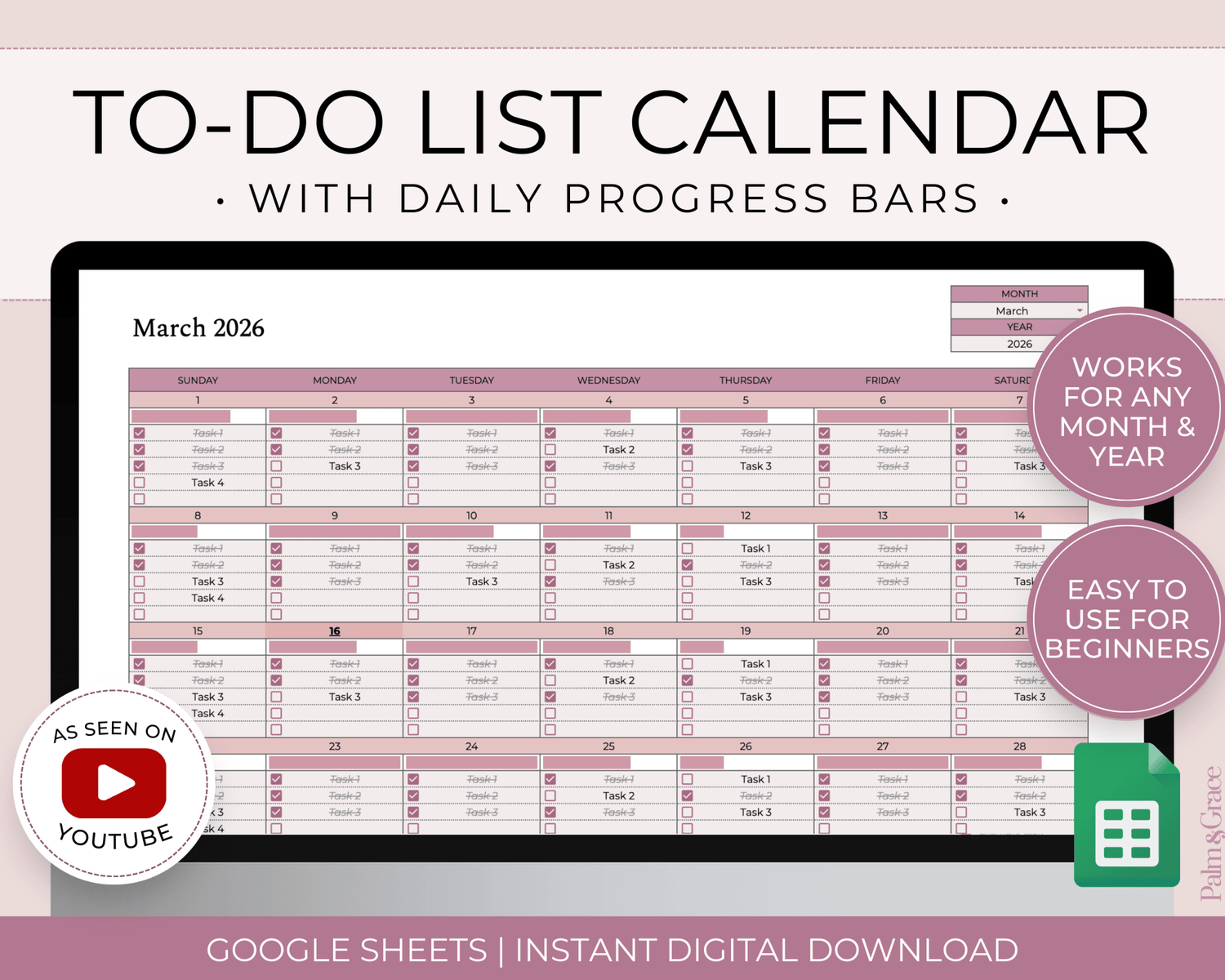 To - Do List Calendar Spreadsheet for Google Sheets - Palm &amp; Grace