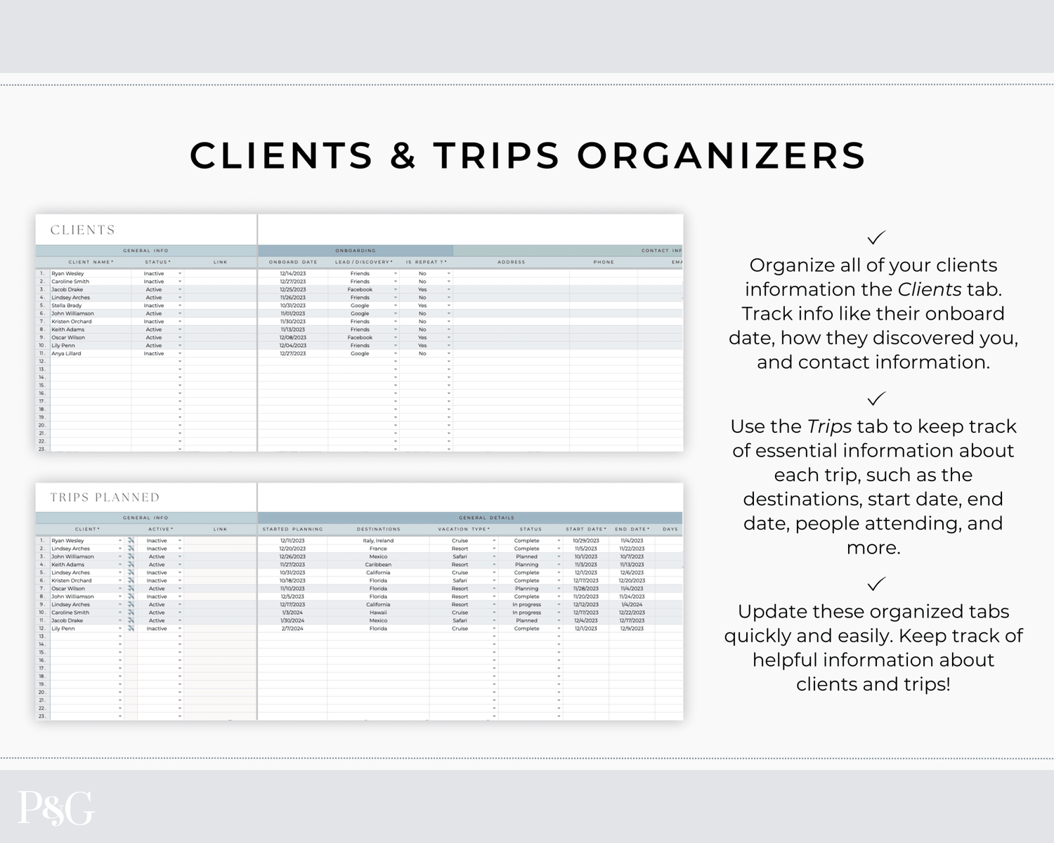 Travel Agent Planner Spreadsheet for Google Sheets - Palm &amp; Grace