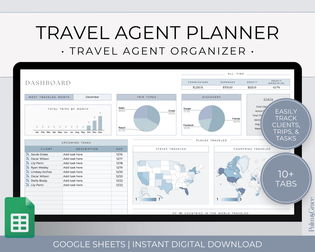 Travel Agent Planner Spreadsheet for Google Sheets - Palm &amp; Grace