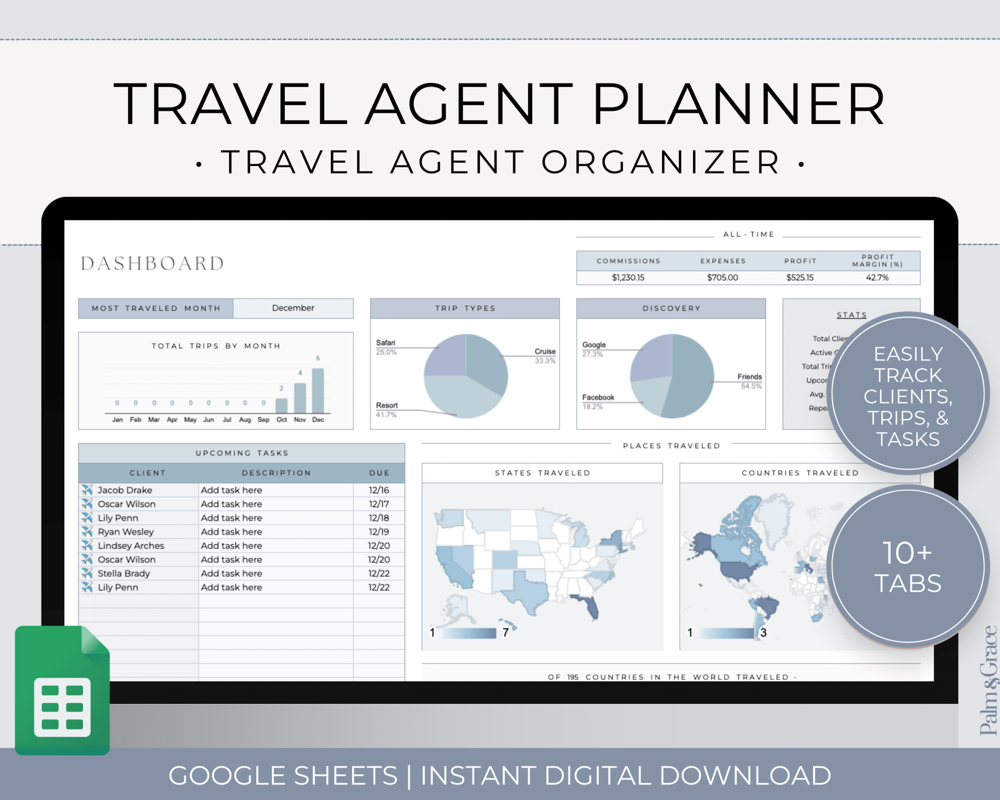 Travel Agent Planner Spreadsheet for Google Sheets - Palm &amp; Grace