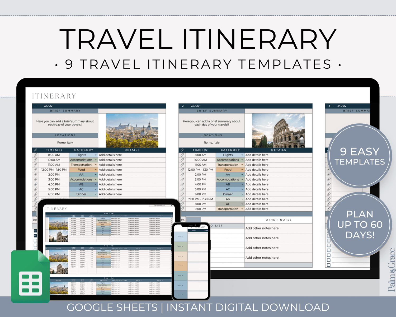 Travel Itinerary Templates for Google Sheets - Palm &amp; Grace