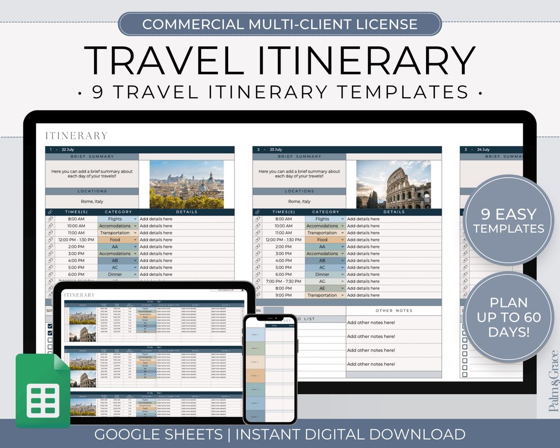 Travel Itinerary Templates for Google Sheets (Commercial Multi - Client License) - Palm &amp; Grace