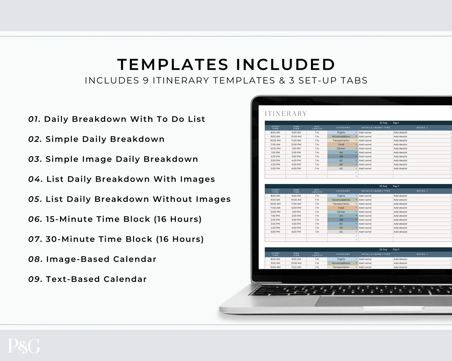 Travel Itinerary Templates for Google Sheets (Commercial Multi - Client License) - Palm &amp; Grace