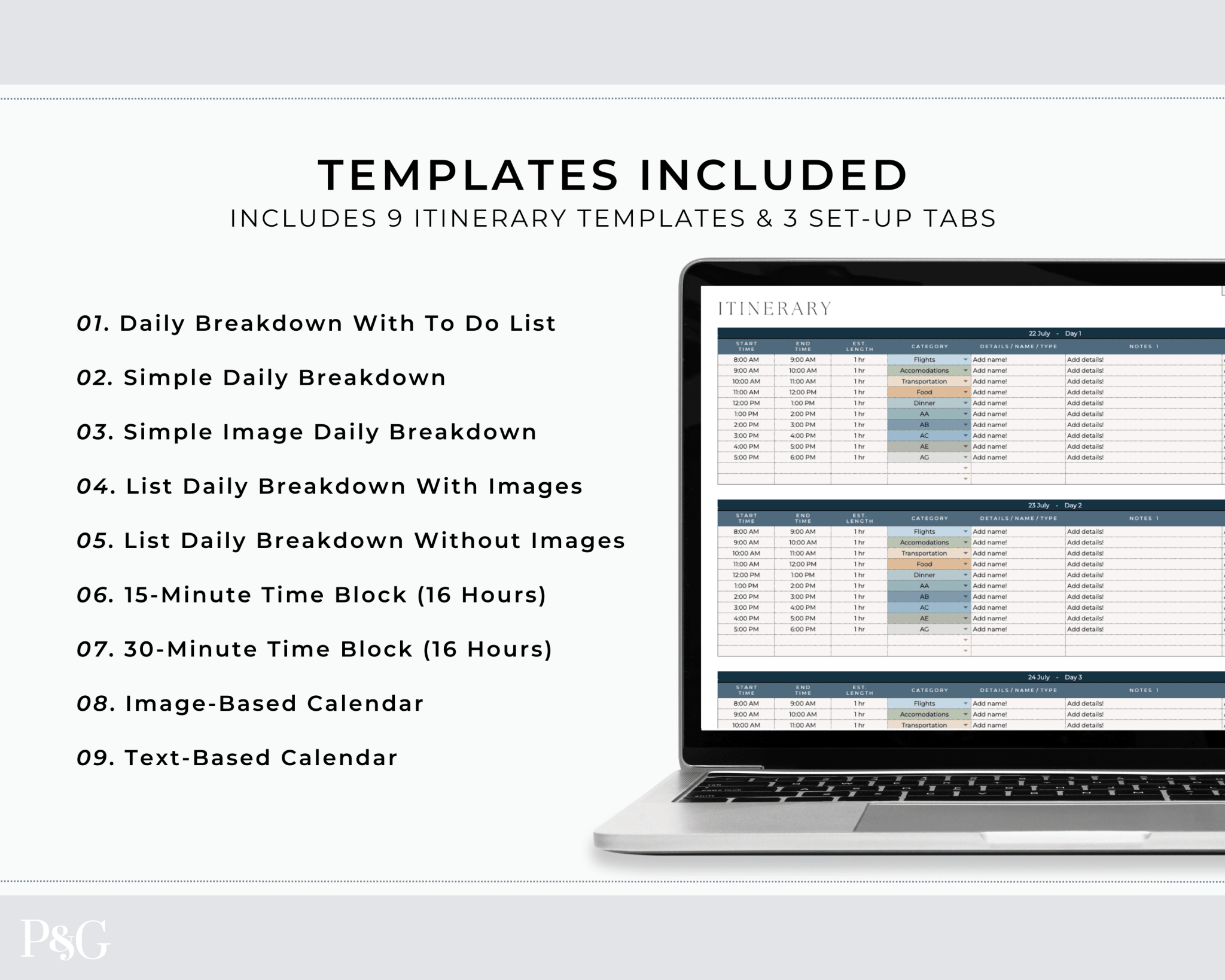 Travel Itinerary Templates for Google Sheets (Commercial Multi - Client License) - Palm &amp; Grace
