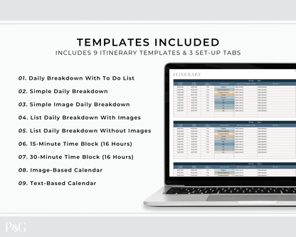 Travel Itinerary Templates for Google Sheets (Commercial Multi - Client License) - Palm &amp; Grace