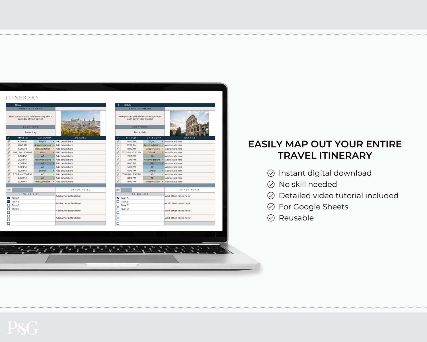 Travel Itinerary Templates for Google Sheets (Commercial Multi - Client License) - Palm &amp; Grace