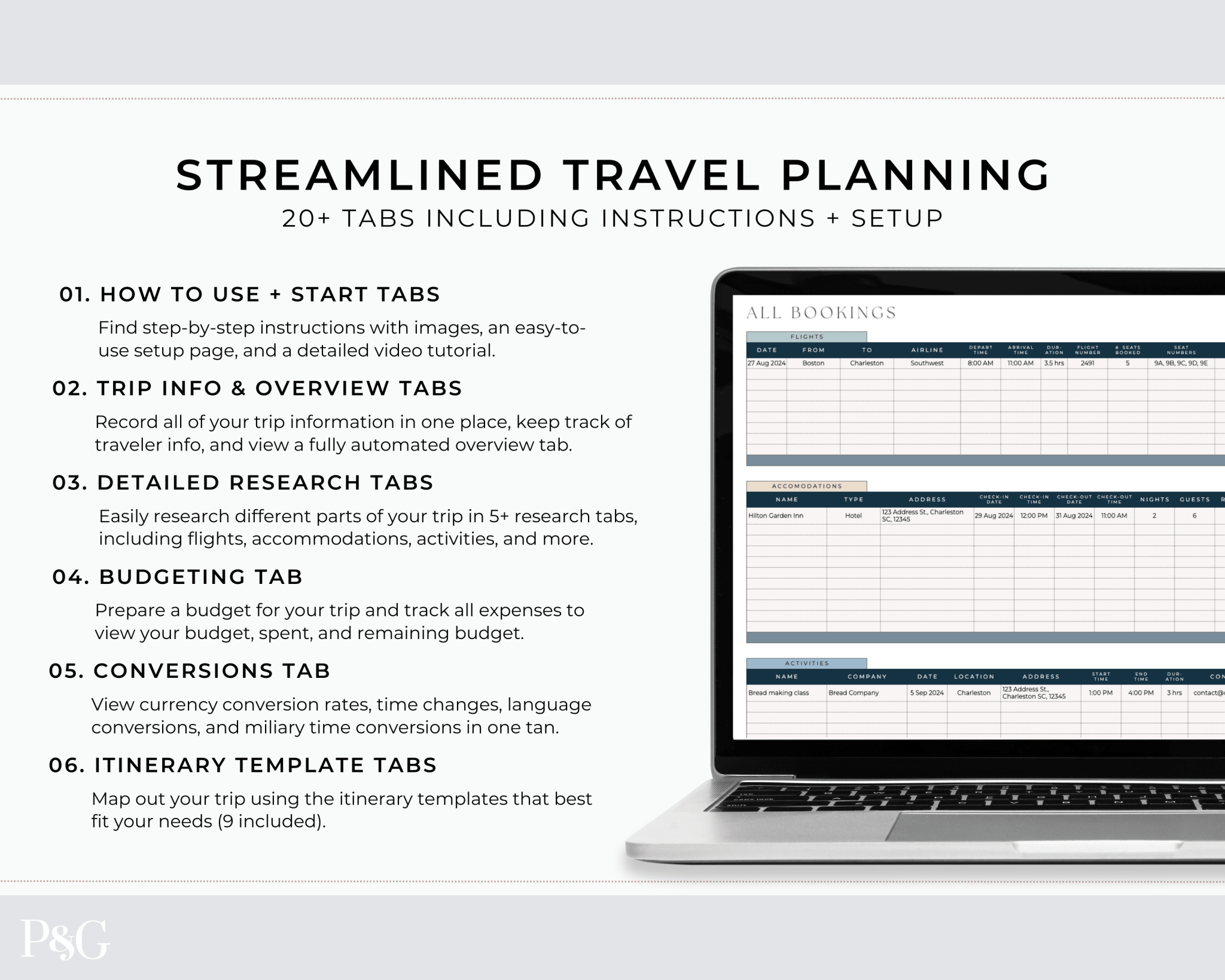 Travel Planner Spreadsheet Template for Google Sheets (Commercial Multi - Client License) - Palm &amp; Grace