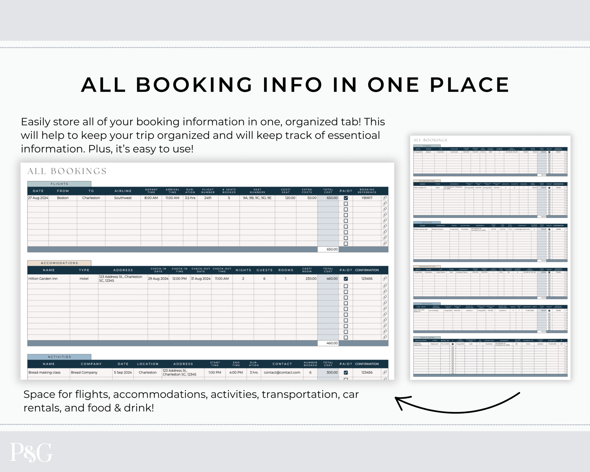 Travel Planner Spreadsheet Template for Google Sheets (Commercial Multi - Client License) - Palm &amp; Grace