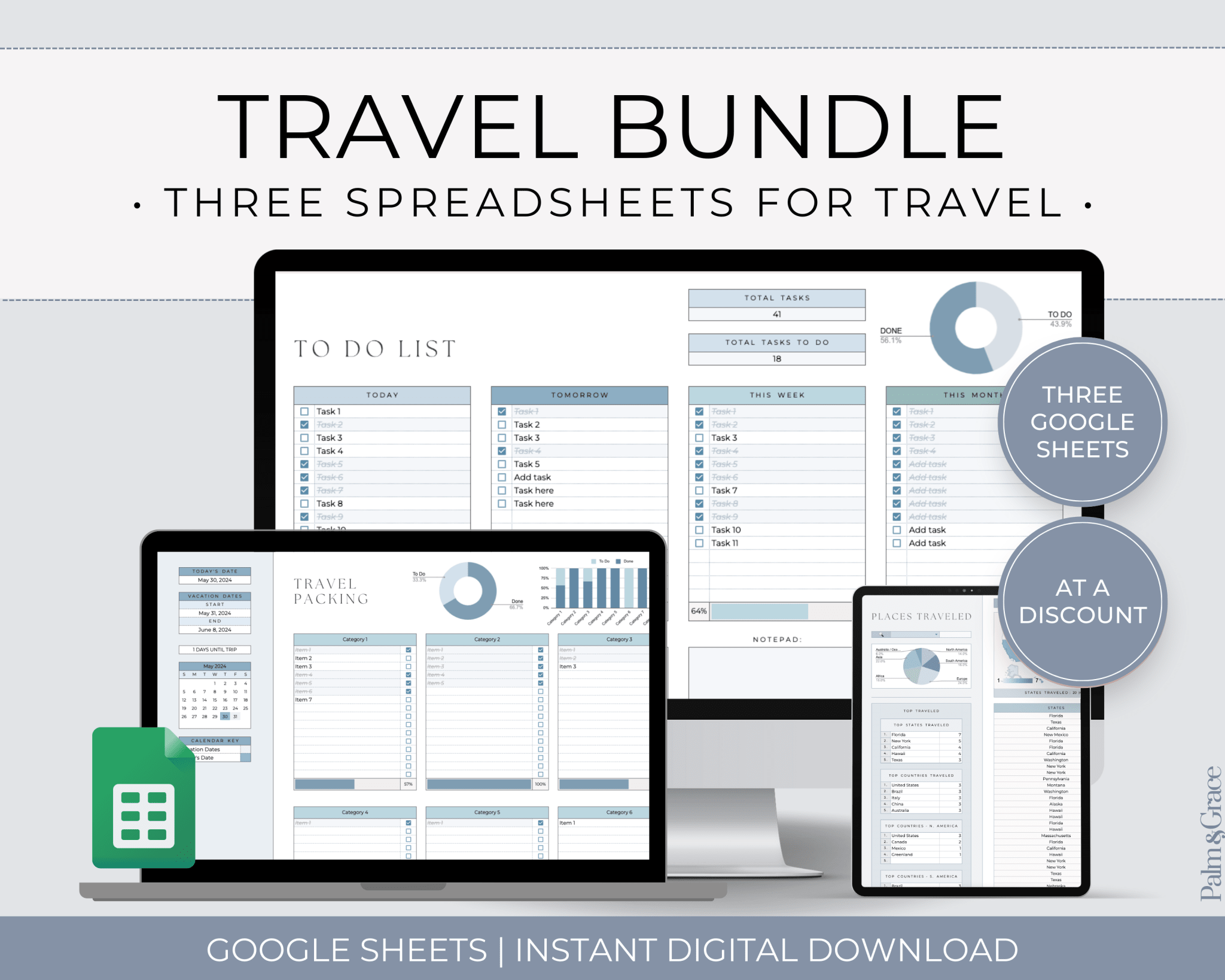 Travel Spreadsheet BUNDLE for Google Sheets - Palm &amp; Grace
