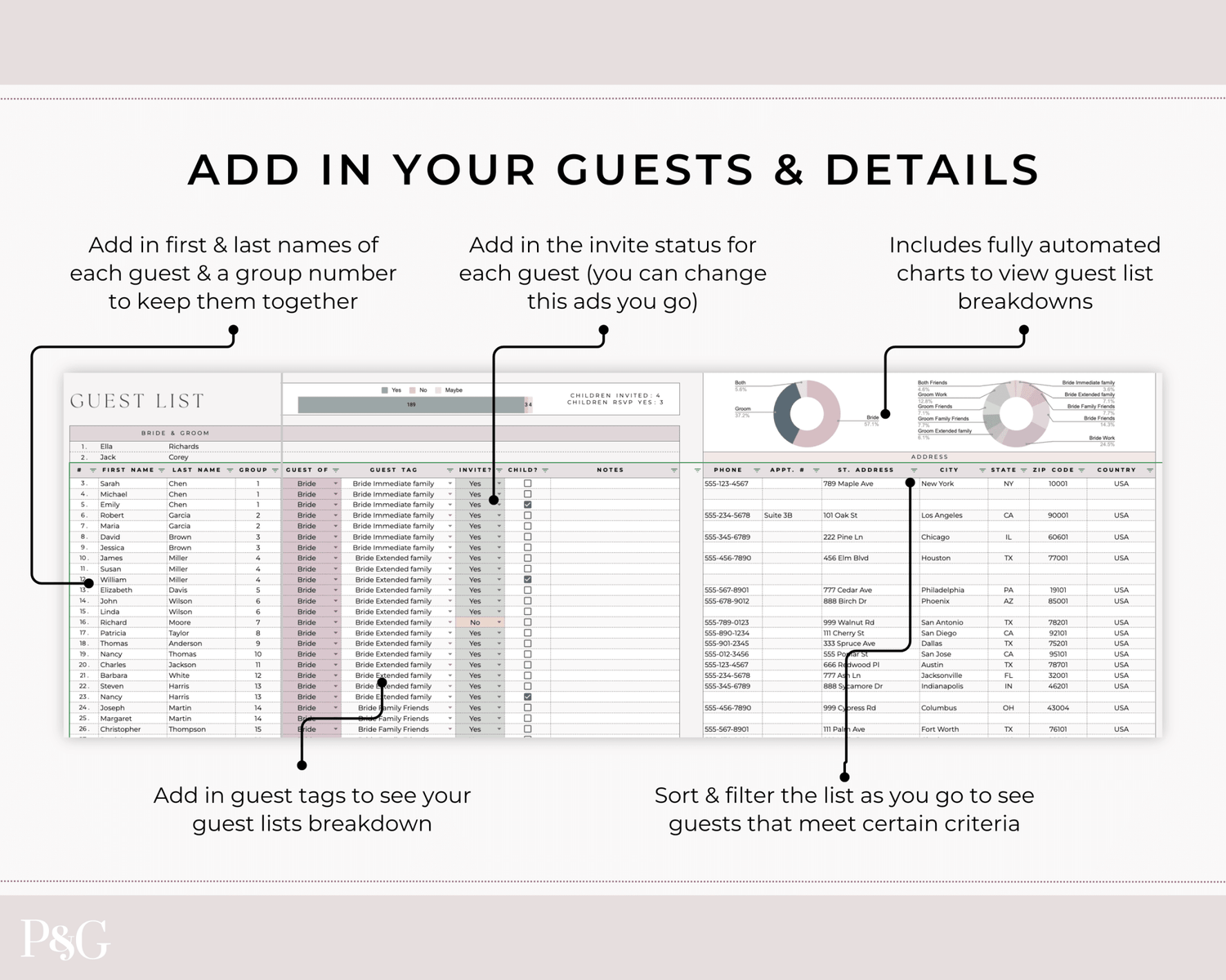 Wedding Guest List Spreadsheet Template for Google Sheets (Version 2.0) - Palm &amp; Grace