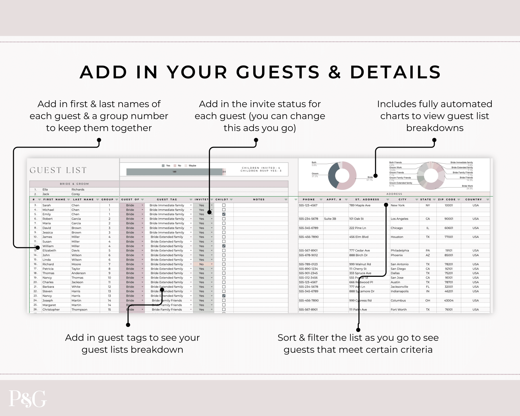 Wedding Guest List Spreadsheet Template for Google Sheets (Version 2.0) - Palm &amp; Grace