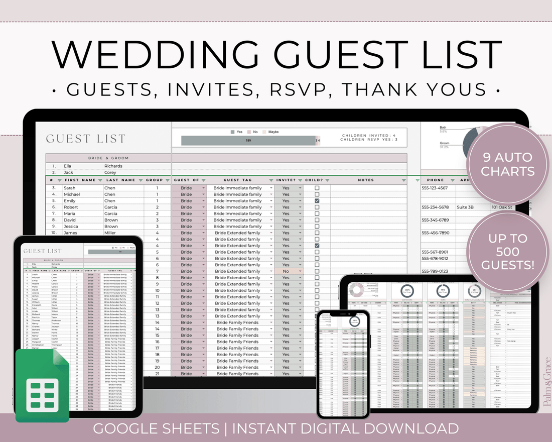 Wedding Guest List Spreadsheet Template for Google Sheets (Version 2.0) - Palm &amp; Grace