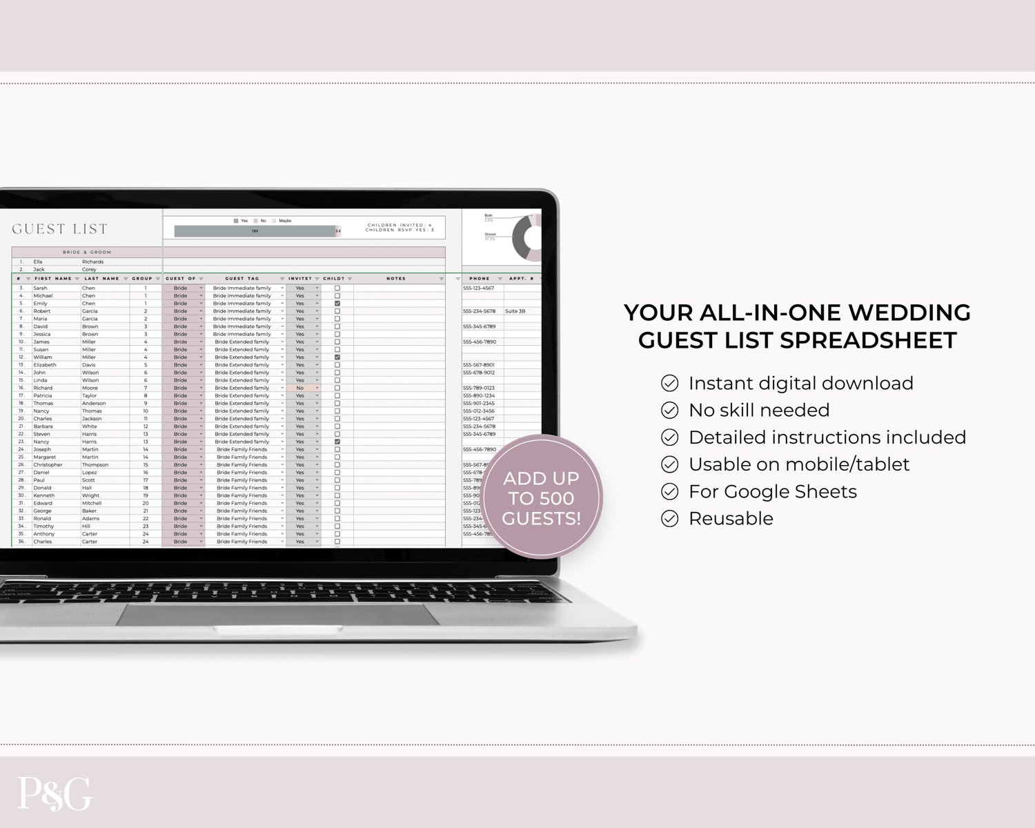 Wedding Guest List Spreadsheet Template for Google Sheets (Version 2.0) - Palm &amp; Grace