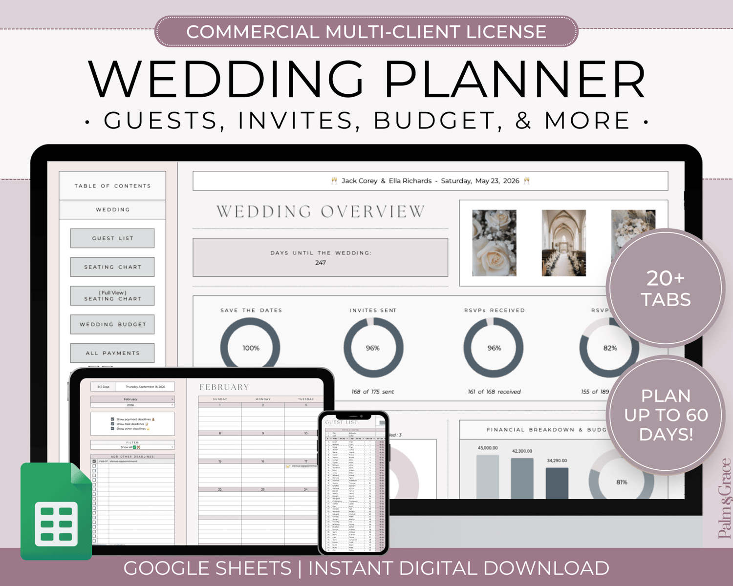 Wedding Planner Spreadsheet Template For Google Sheets (Commercial Multi - Client License) - Palm &amp; Grace