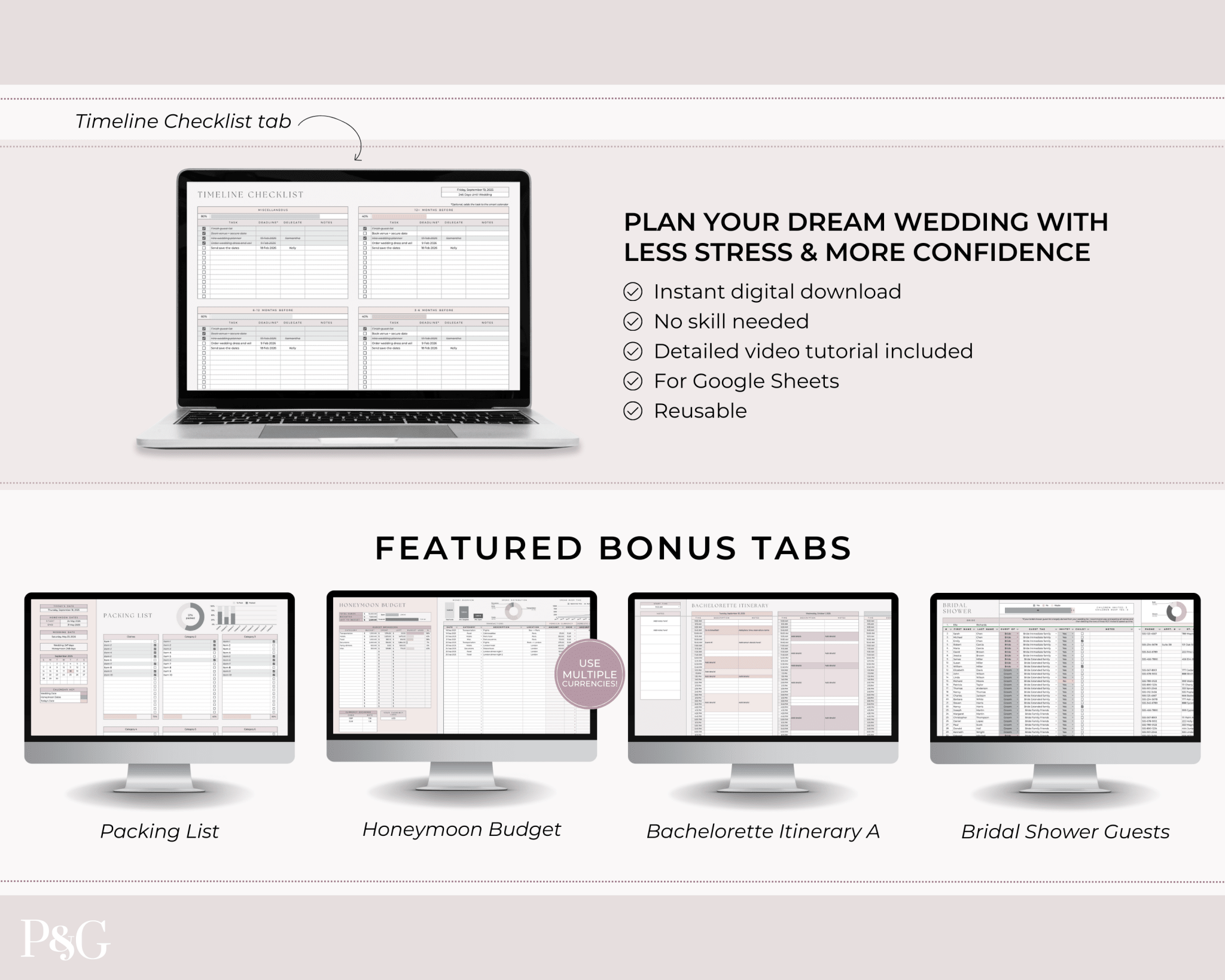 Wedding Planner Spreadsheet Template For Google Sheets (Commercial Multi - Client License) - Palm &amp; Grace
