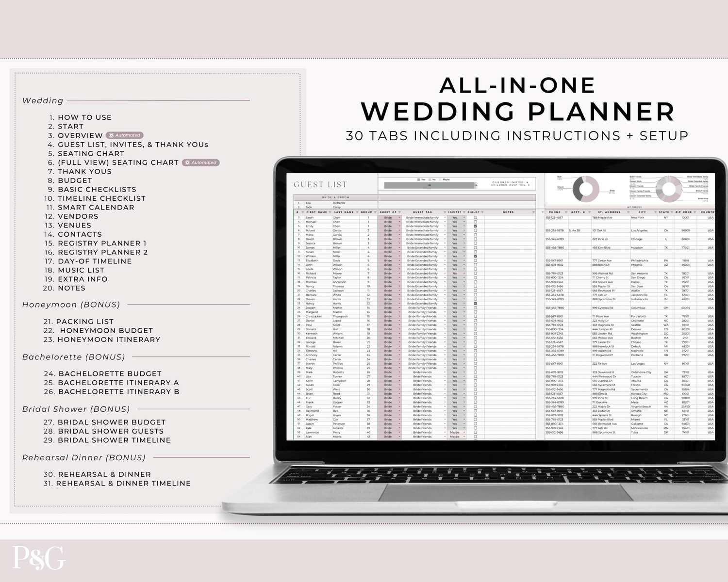 Wedding Planner Spreadsheet Template For Google Sheets (Commercial Multi - Client License) - Palm &amp; Grace