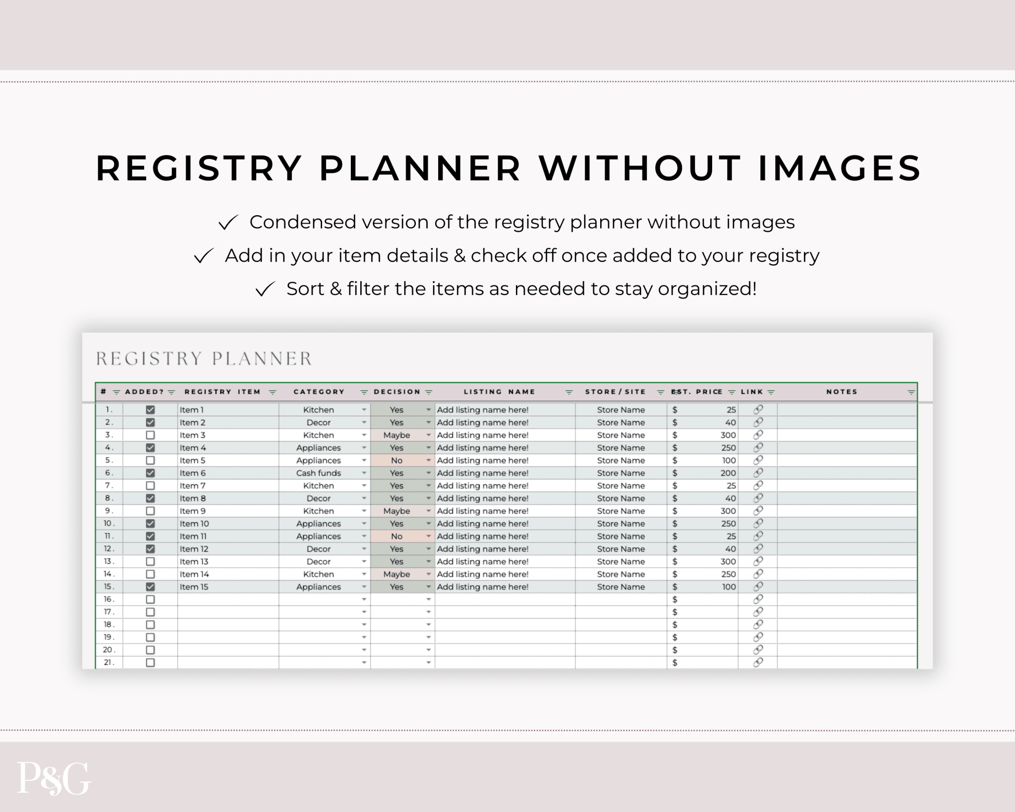 Wedding Registry Planner Template For Google Sheets - Palm &amp; Grace