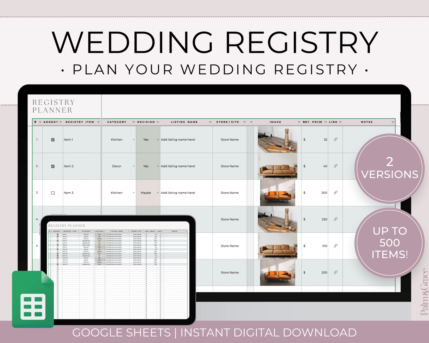 Wedding Registry Planner Template For Google Sheets - Palm &amp; Grace