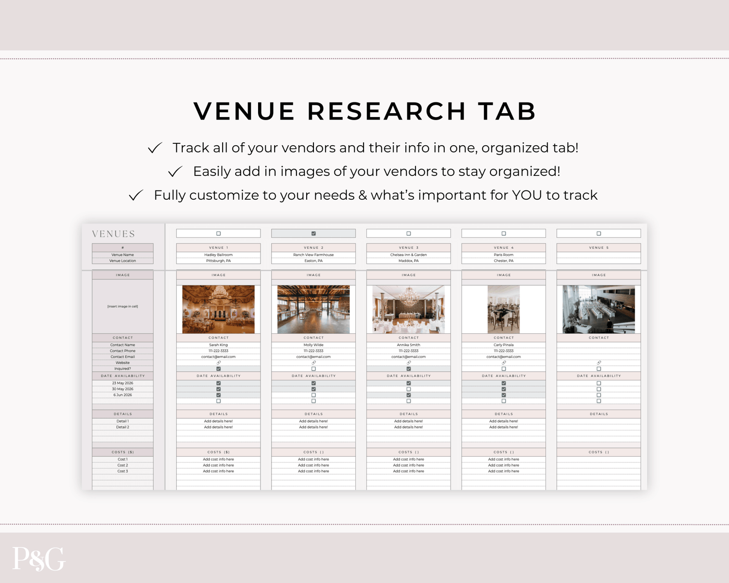 Wedding Venue and Vendor Comparison Spreadsheet for Google Sheets - Palm &amp; Grace