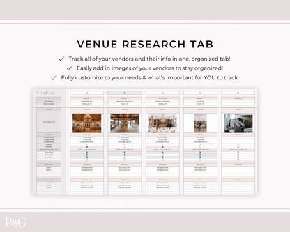 Wedding Venue and Vendor Comparison Spreadsheet for Google Sheets - Palm &amp; Grace