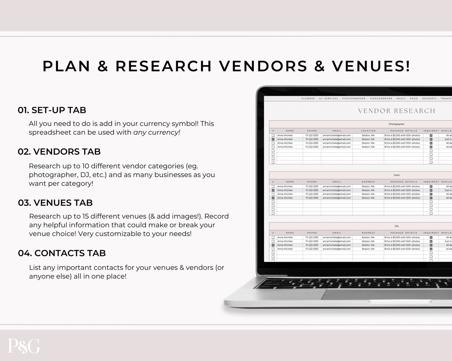 Wedding Venue and Vendor Comparison Spreadsheet for Google Sheets - Palm &amp; Grace