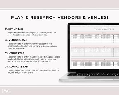 Wedding Venue and Vendor Comparison Spreadsheet for Google Sheets - Palm &amp; Grace
