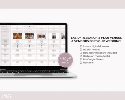 Wedding Venue and Vendor Comparison Spreadsheet for Google Sheets - Palm &amp; Grace