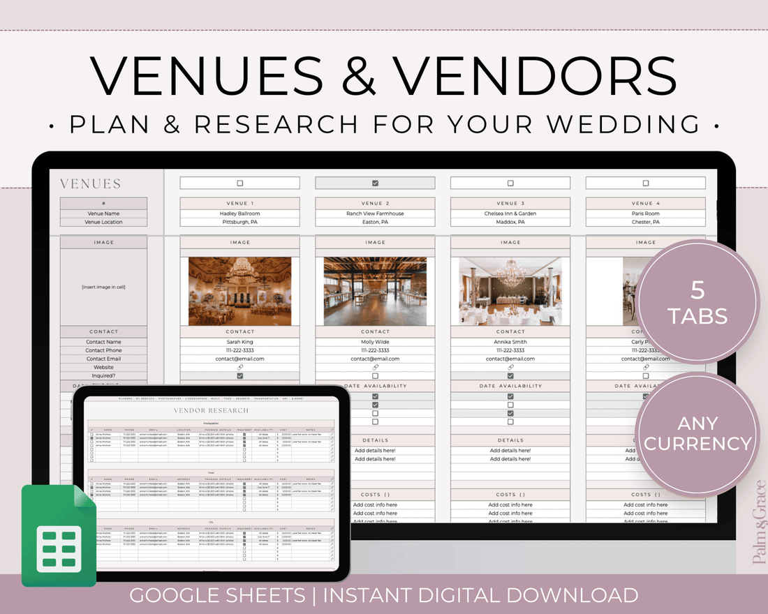 Wedding Venue and Vendor Comparison Spreadsheet for Google Sheets - Palm &amp; Grace