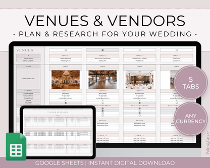 Wedding Venue and Vendor Comparison Spreadsheet for Google Sheets - Palm &amp; Grace