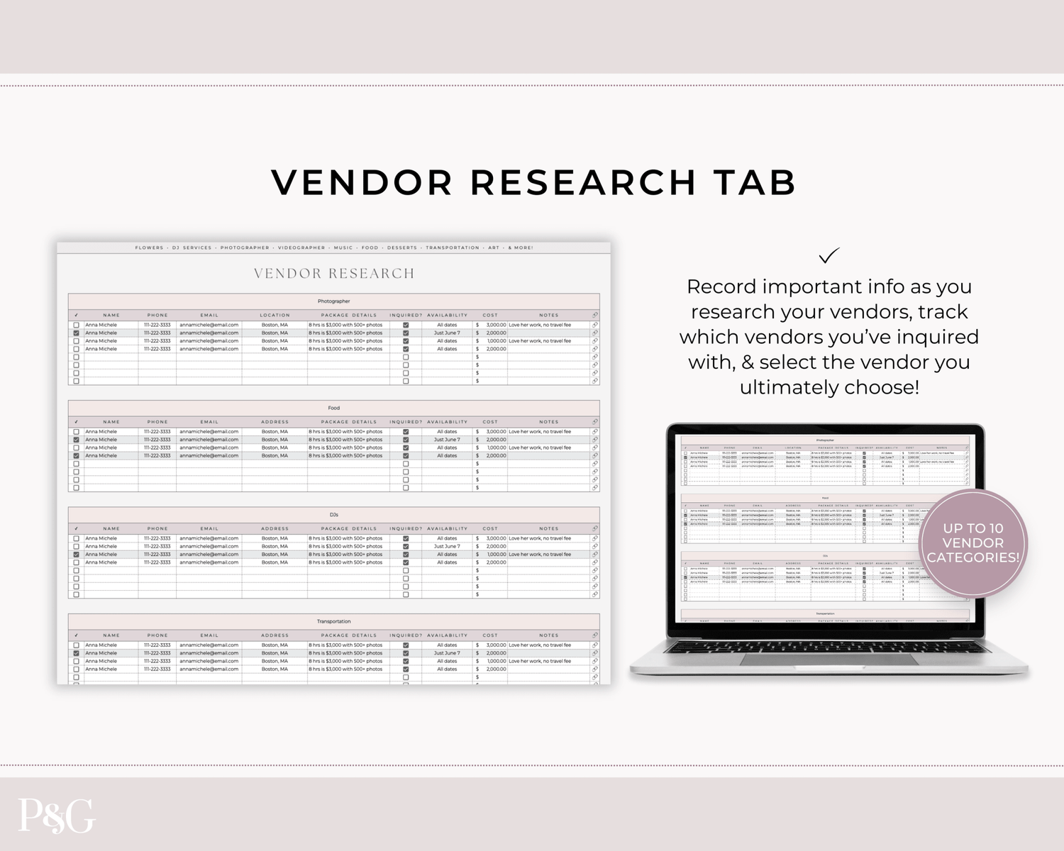 Wedding Venue and Vendor Comparison Spreadsheet for Google Sheets - Palm &amp; Grace
